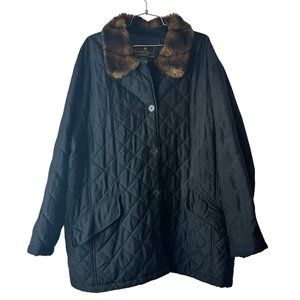 LAUREN Ralph Lauren Black Women's Quilted Jacket wit Faux Fur Collar